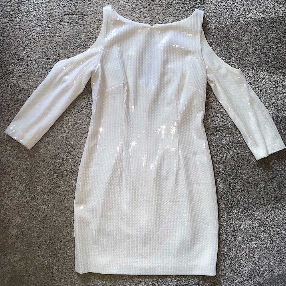 J S Collections White Sequin Cold Shoulder Cocktail Length Dress Size 6